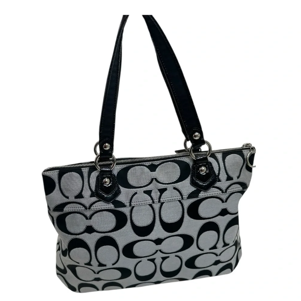 Coach Poppy Signature Glam Tote Gray Black Op Art Canvas Shoulder Bag NWOT $498